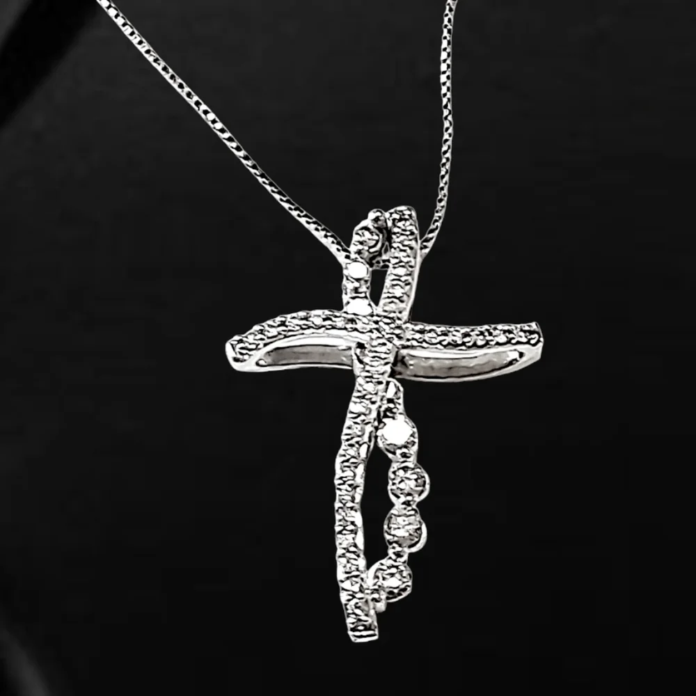 14K White Gold Convertible Cross Pendant with Natural Diamonds & Stud Earring